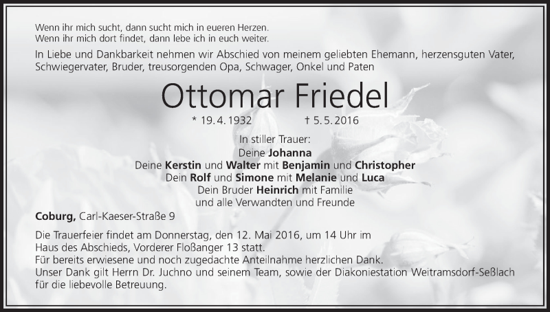  Traueranzeige für Ottomar Friedel vom 10.05.2016 aus MGO