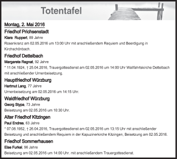 Anzeige von Totentafel vom 02.05.2016 von MGO