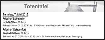 Anzeige von Totentafel vom 07.05.2016 von MGO