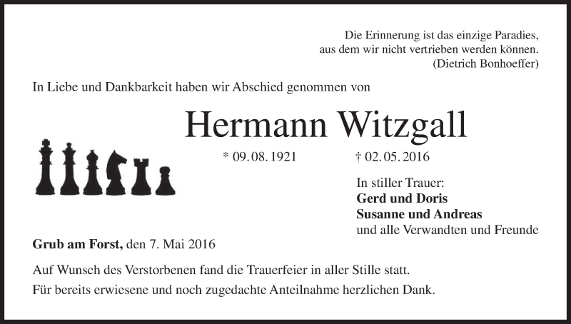  Traueranzeige für Hermann Witzgall vom 07.05.2016 aus MGO