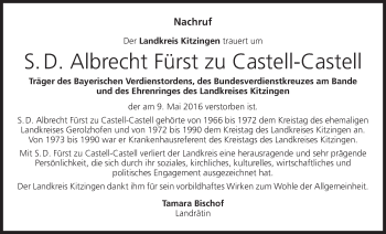 Anzeige von S. D. Albrecht Fürst zu Castell-Castell von MGO