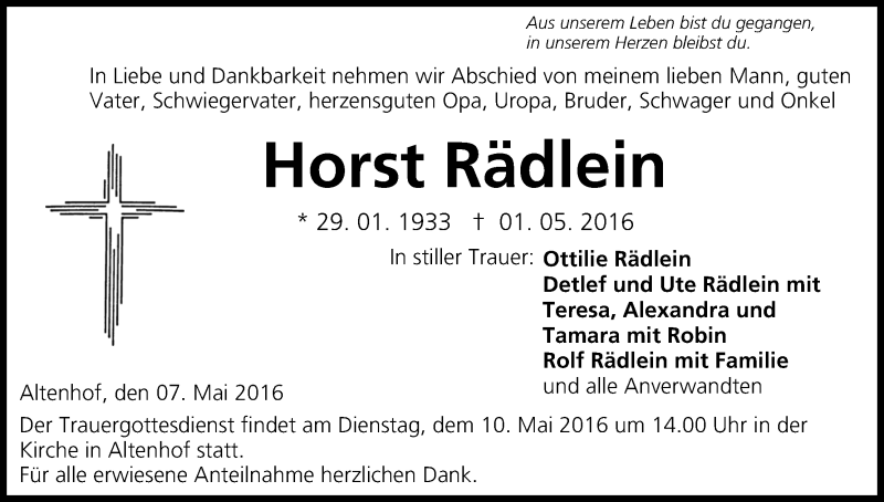  Traueranzeige für Horst Rädlein vom 07.05.2016 aus MGO