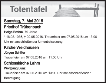 Anzeige von Totentafel vom 07.05.2016 von MGO