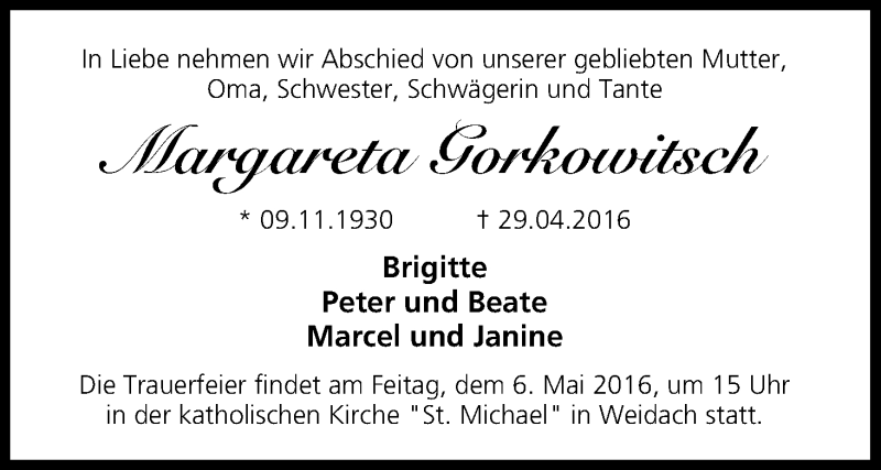  Traueranzeige für Margareta Gorkowitsch vom 03.05.2016 aus MGO