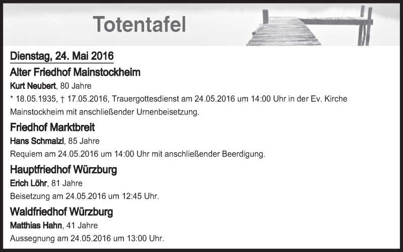  Traueranzeige für Totentafel vom 24.05.2016 vom 24.05.2016 aus MGO