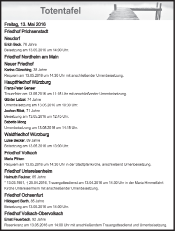Anzeige von Totentafel vom 13.05.2016 von MGO