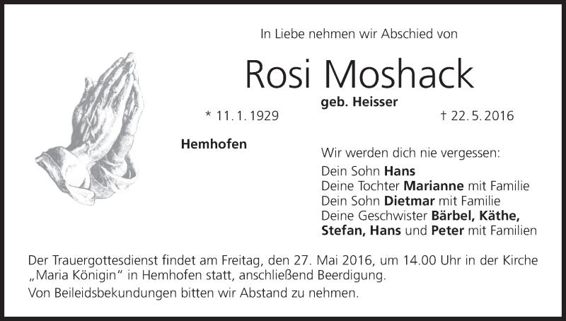  Traueranzeige für Rosi Moshack vom 24.05.2016 aus MGO