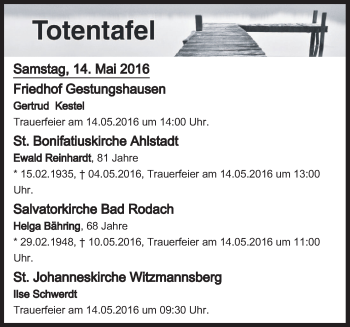Anzeige von Totentafel vom 14.05.2016 von MGO