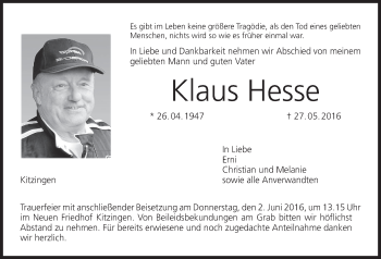 Anzeige von Klaus Hesse von MGO