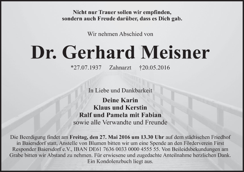  Traueranzeige für Gerhard Meisner vom 25.05.2016 aus MGO