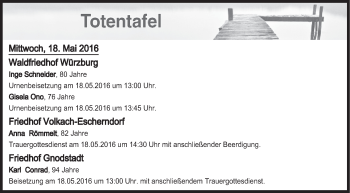 Anzeige von Totentafel vom 18.05.2016 von MGO