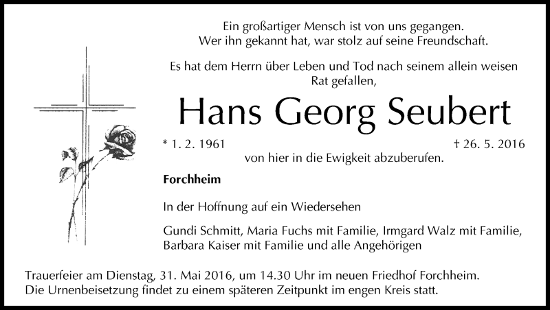  Traueranzeige für Hans Georg Seubert vom 30.05.2016 aus MGO