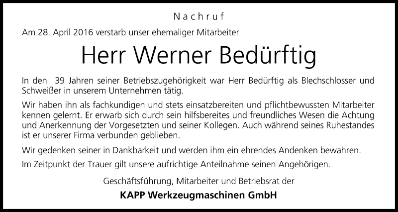  Traueranzeige für Werner Bedürftig vom 03.05.2016 aus 