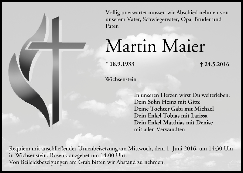  Traueranzeige für Martin Maier vom 28.05.2016 aus MGO