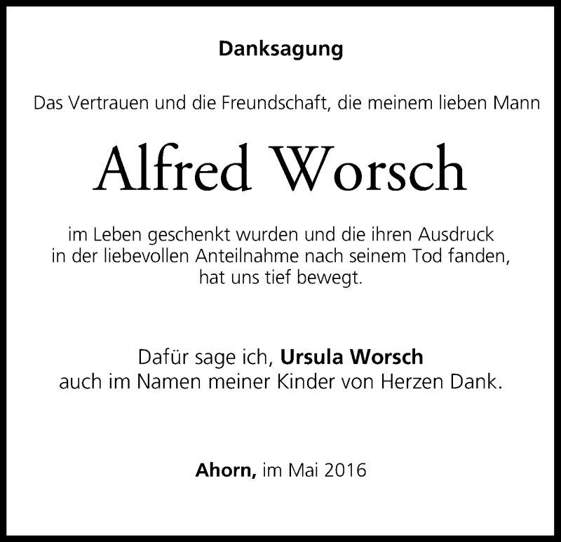  Traueranzeige für Alfred Worsch vom 07.05.2016 aus MGO
