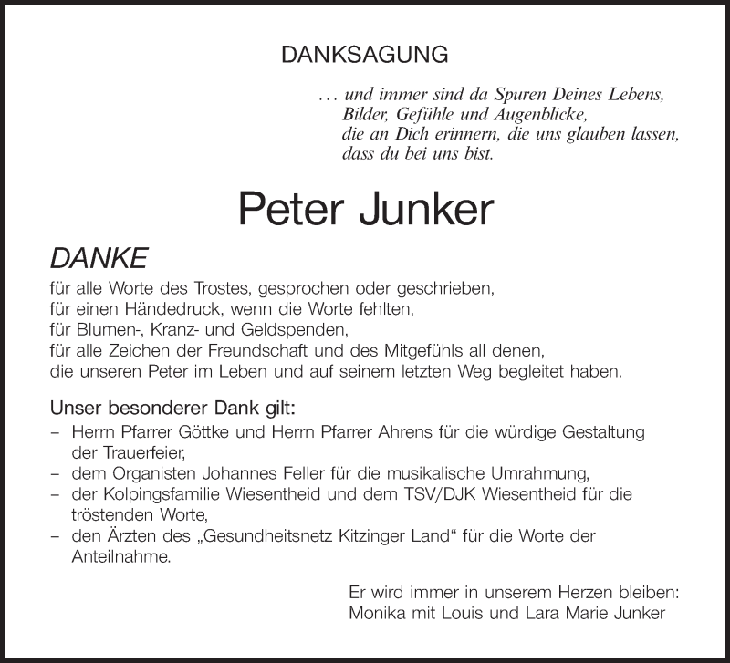  Traueranzeige für Peter Junker vom 07.05.2016 aus MGO
