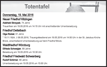 Anzeige von Totentafel vom 19.05.2016 von MGO