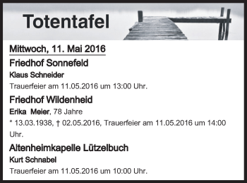 Anzeige von Totentafel vom 11.05.2016 von MGO