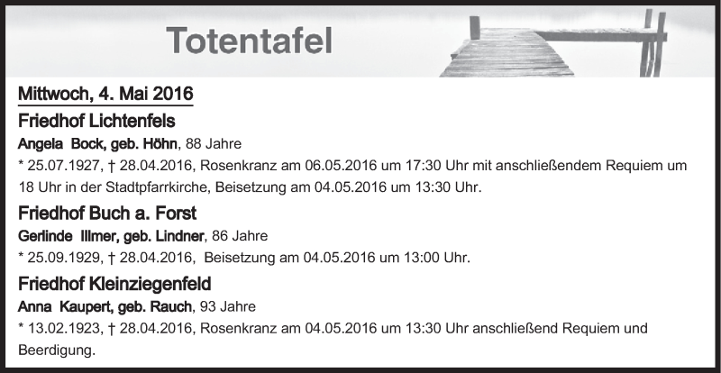  Traueranzeige für Totentafel vom 04.05.2016 vom 04.05.2016 aus MGO