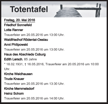 Anzeige von Totentafel vom 20.05.2016 von MGO