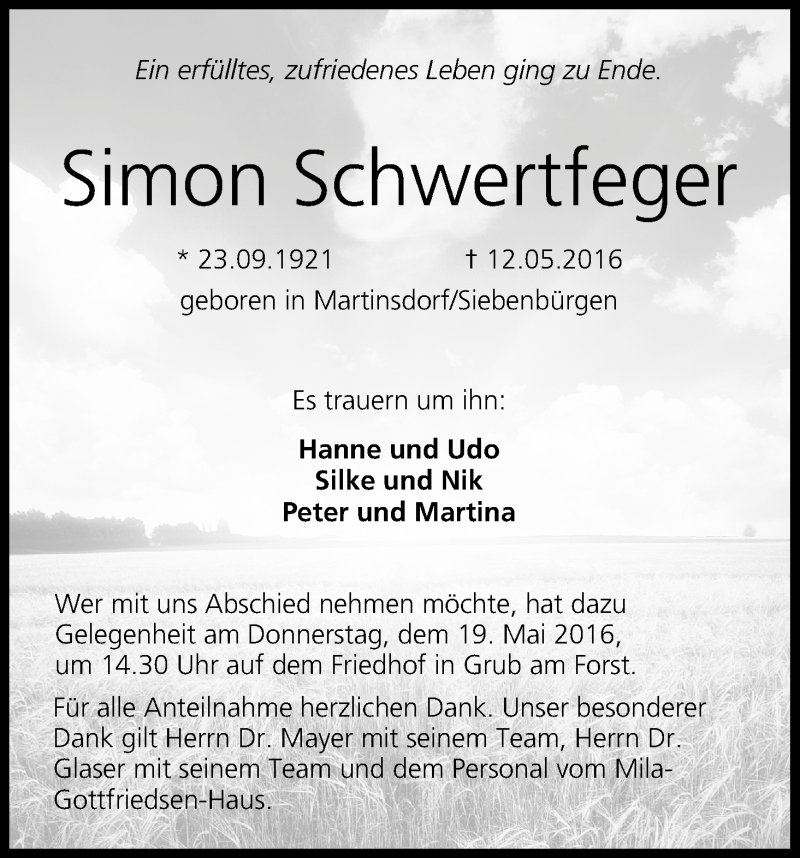  Traueranzeige für Simon Schwertfeger vom 17.05.2016 aus MGO