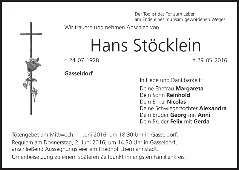 Traueranzeige für Hans Stöcklein vom 31.05.2016 aus MGO
