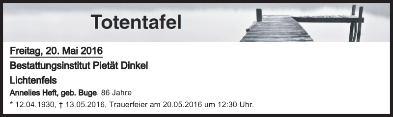 Traueranzeige für Totentafel vom 20.05.2016 vom 20.05.2016 aus MGO