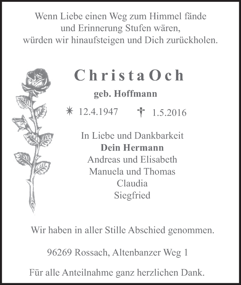  Traueranzeige für Christa Och vom 14.05.2016 aus MGO