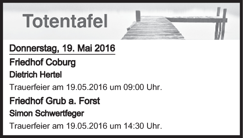  Traueranzeige für Totentafel vom 19.05.2016 vom 19.05.2016 aus MGO