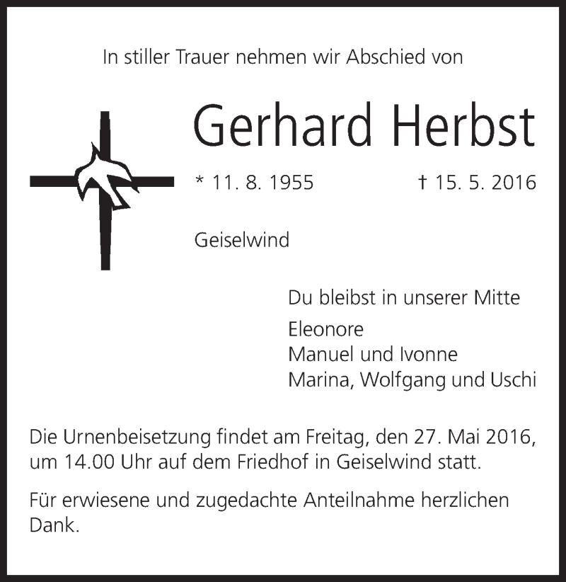  Traueranzeige für Gerhard Herbst vom 25.05.2016 aus MGO