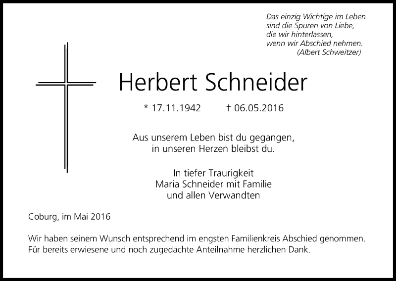  Traueranzeige für Herbert Schneider vom 18.05.2016 aus MGO