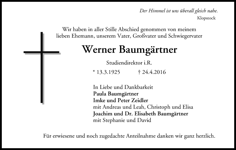  Traueranzeige für Werner Baumgärtner vom 07.05.2016 aus MGO