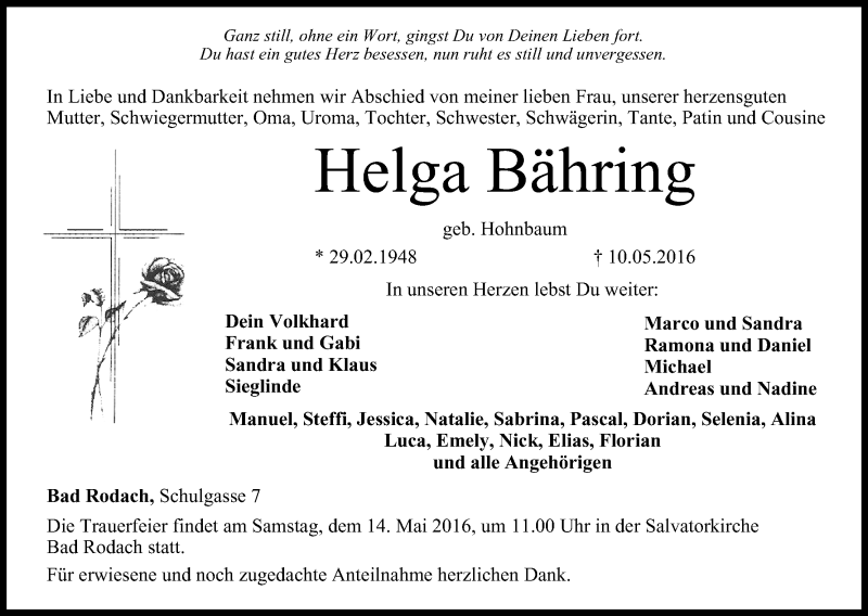  Traueranzeige für Helga Bähring vom 12.05.2016 aus MGO