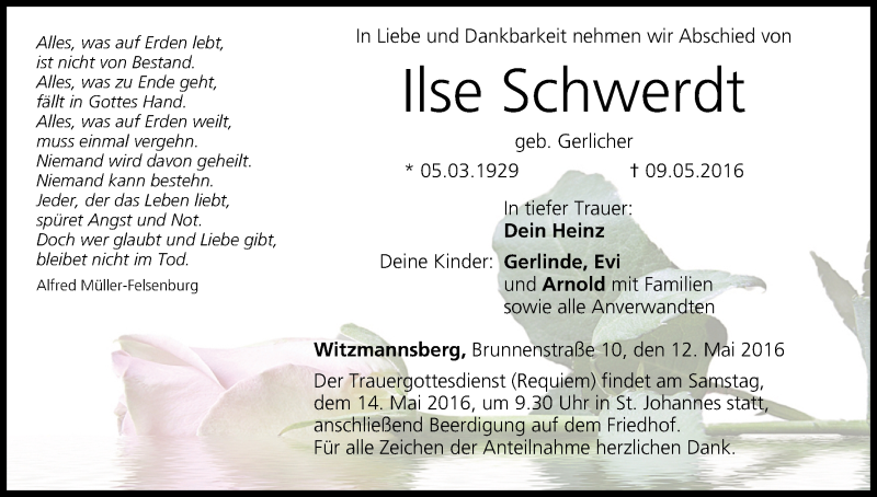  Traueranzeige für Ilse Schwerdt vom 12.05.2016 aus MGO