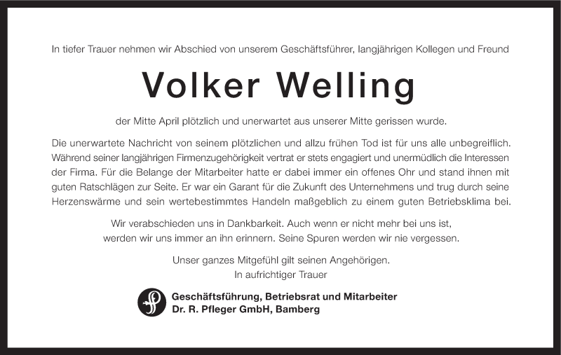  Traueranzeige für Volker Welling vom 04.05.2016 aus MGO