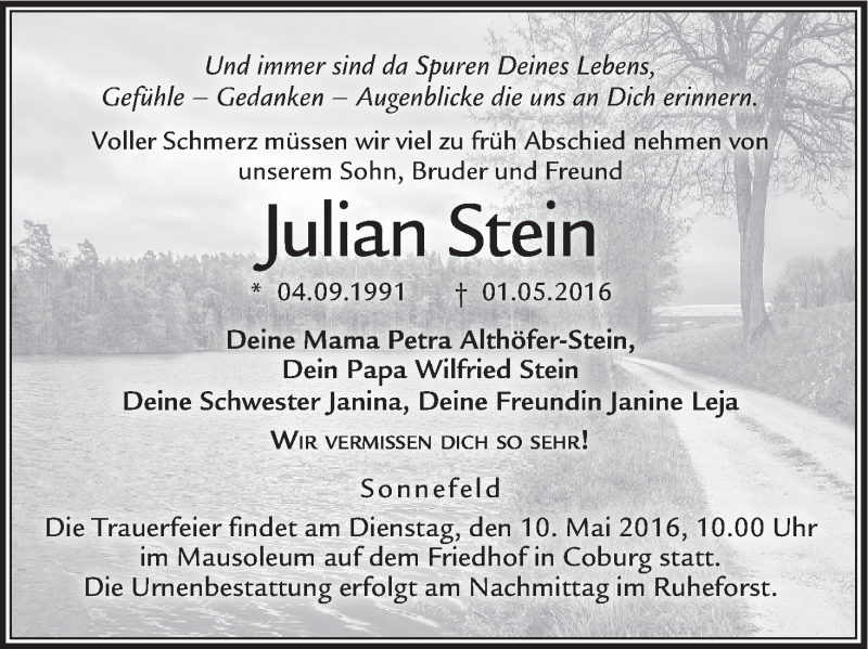  Traueranzeige für Julian Stein vom 07.05.2016 aus MGO