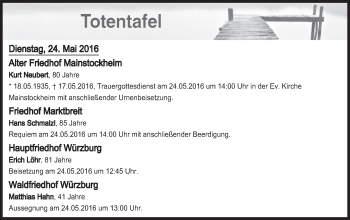 Anzeige von Totentafel vom 24.05.2016 von MGO