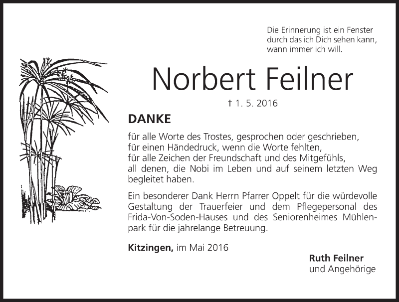  Traueranzeige für Norbert Feilner vom 21.05.2016 aus MGO