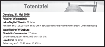 Anzeige von Totentafel vom 31.05.2016 von MGO