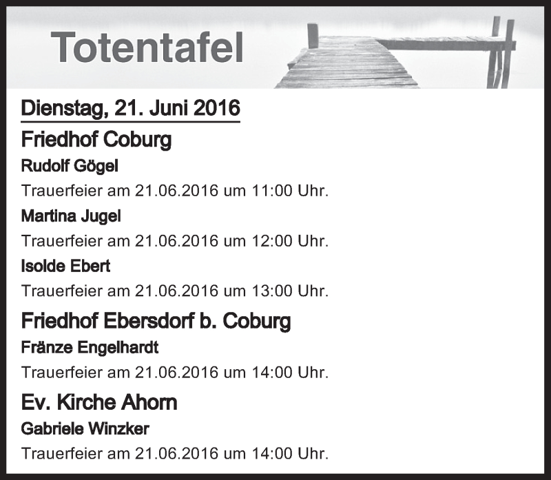  Traueranzeige für Totentafel vom 21.06.2016 vom 21.06.2016 aus MGO