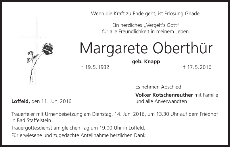  Traueranzeige für Margarete Oberthür vom 11.06.2016 aus MGO