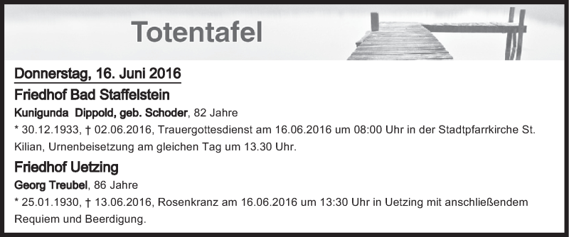  Traueranzeige für Totentafel vom 16.06.2016 vom 16.06.2016 aus MGO