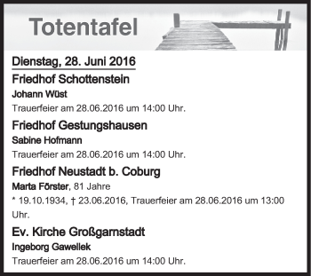 Anzeige von Totentafel vom 28.06.2016 von MGO