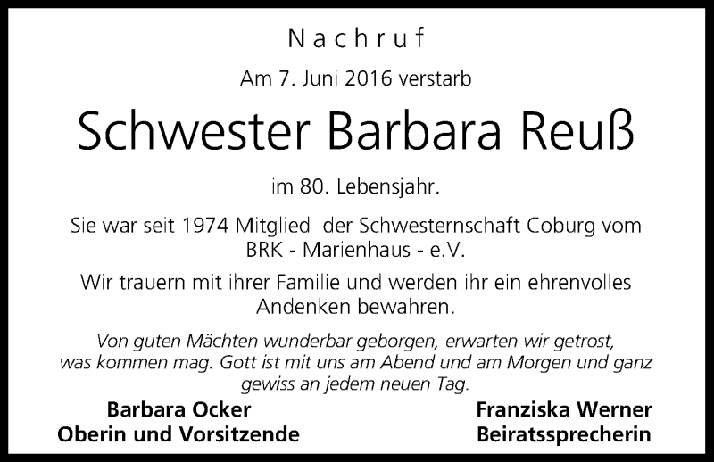  Traueranzeige für Barbara Reuß vom 15.06.2016 aus MGO