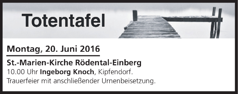  Traueranzeige für Totentafel vom 20.06.2016 vom 20.06.2016 aus MGO