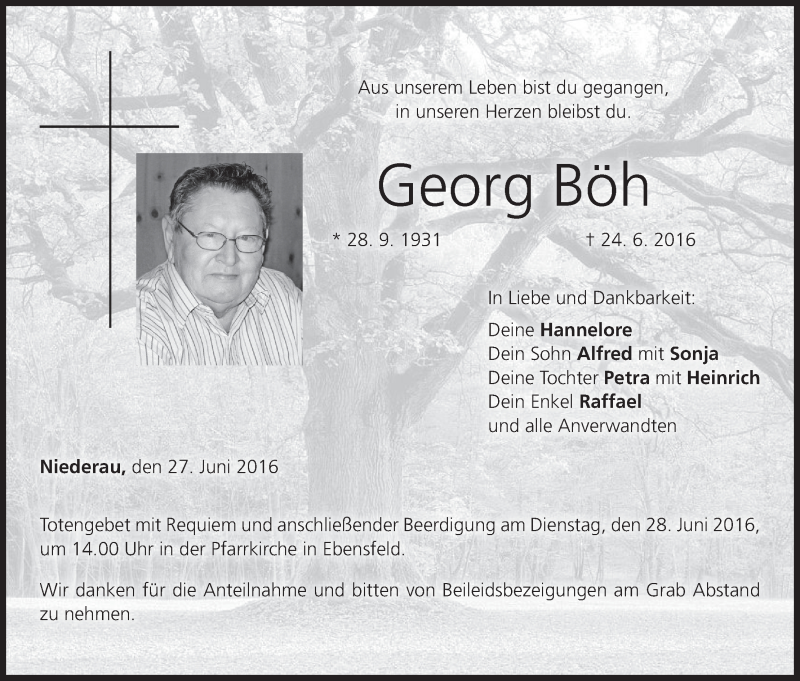  Traueranzeige für Georg Böh vom 27.06.2016 aus MGO