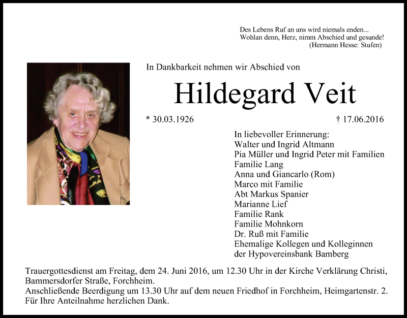  Traueranzeige für Hildegard Veit vom 22.06.2016 aus MGO
