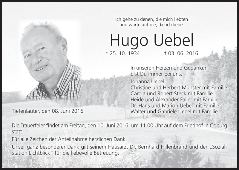  Traueranzeige für Hugo Uebel vom 08.06.2016 aus MGO