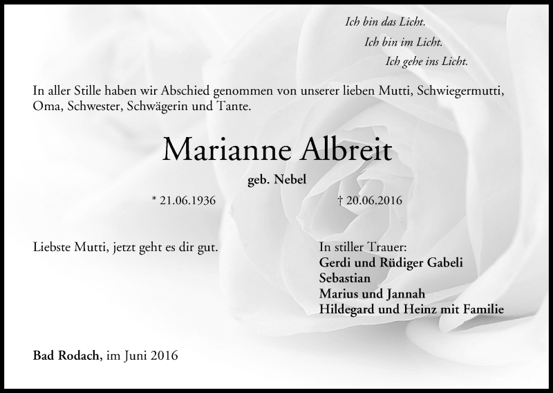  Traueranzeige für Marianne Albreit vom 25.06.2016 aus MGO