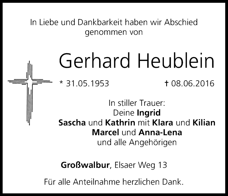 Traueranzeige für Gerhard Heublein vom 18.06.2016 aus MGO